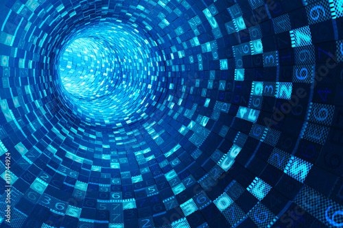 Internet connection, information medium and data communication stream concept, blue tunnel of digital computer code