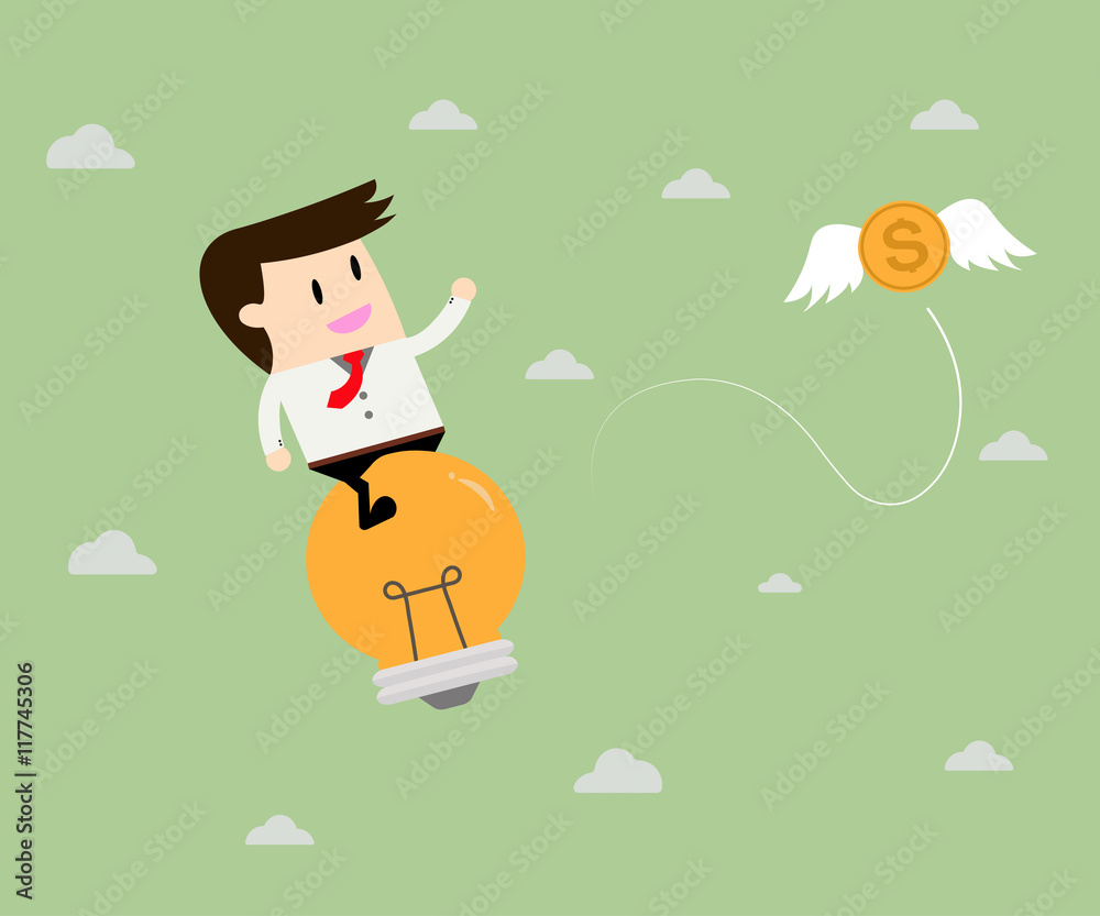 Naklejka premium Businessman riding flying idea follow the money. Business concep