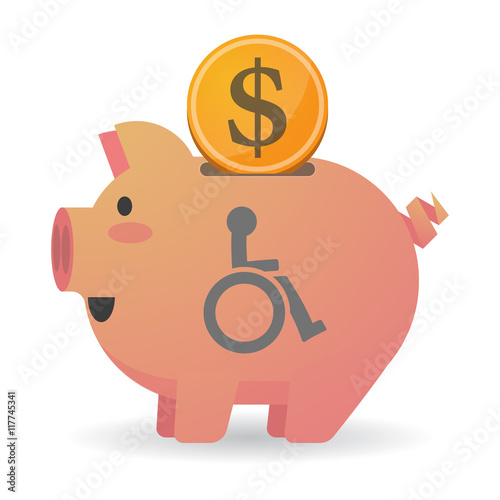 Isolated  piggy bank icin with  a human figure in a wheelchair i