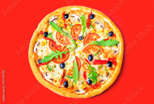 Delicious pizza with vegetables close-up
