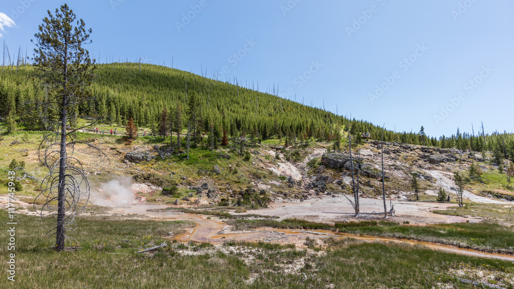 Beautiful colors of landscape in the Artist Paint Pots, Yellowstone National Park. Wyoming.