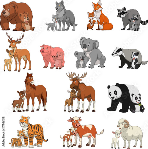 Vector illustration set of funny exotic animals, children and parents