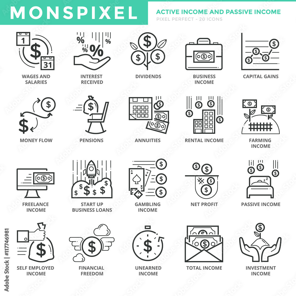 Flat thin line Icons set of Active Income and Passive Income. Pixel ...