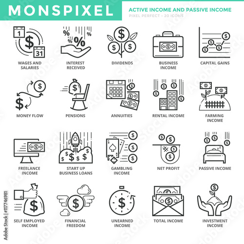 Flat thin line Icons set of Active Income and Passive Income. Pixel Perfect Icons. Simple mono linear pictogram pack stroke vector logo concept for web graphics.