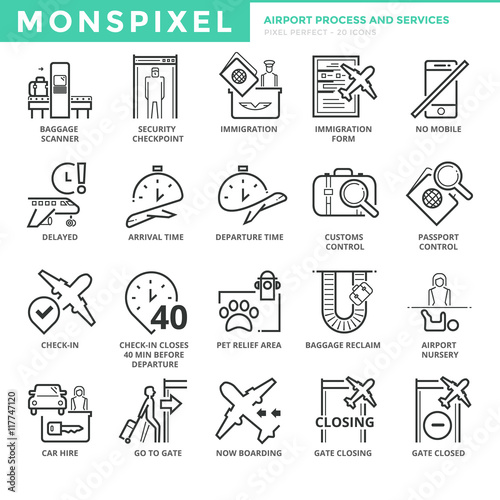 Flat thin line Icons set of Airport Process and Services. Pixel Perfect Icons. Simple mono linear pictogram pack stroke vector logo concept for web graphics.