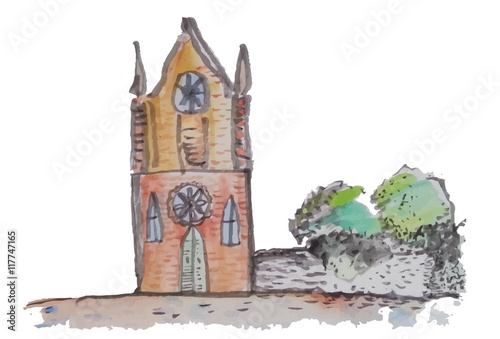 Kleine Kirche, Dorfkirche Giebelansicht mit Bruchsteinmauer - aquarell