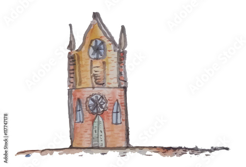 Kleine Kirche im Dorf, Dorfkirche mit Giebelansicht - Aquarell, vektor, isoliert, Karte, Gemeinschaft, Kirchgemeinde