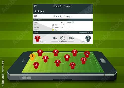 Football or soccer match statics infographic. Football formation tactic. Football logo. Flat design. Soccer online concept. Vector Illustration.