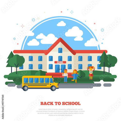 School Building, Yellow Bus and Funny Kids © kotoffei