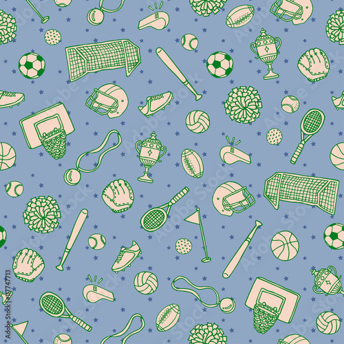 Sports Balls Things Doodle Surface Pattern. Isolated Illustration Vector on Background.