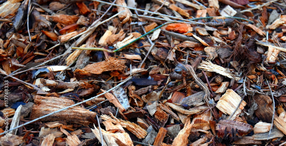 Bark leaves and wood chippings mulch as an abstract coarse background texture