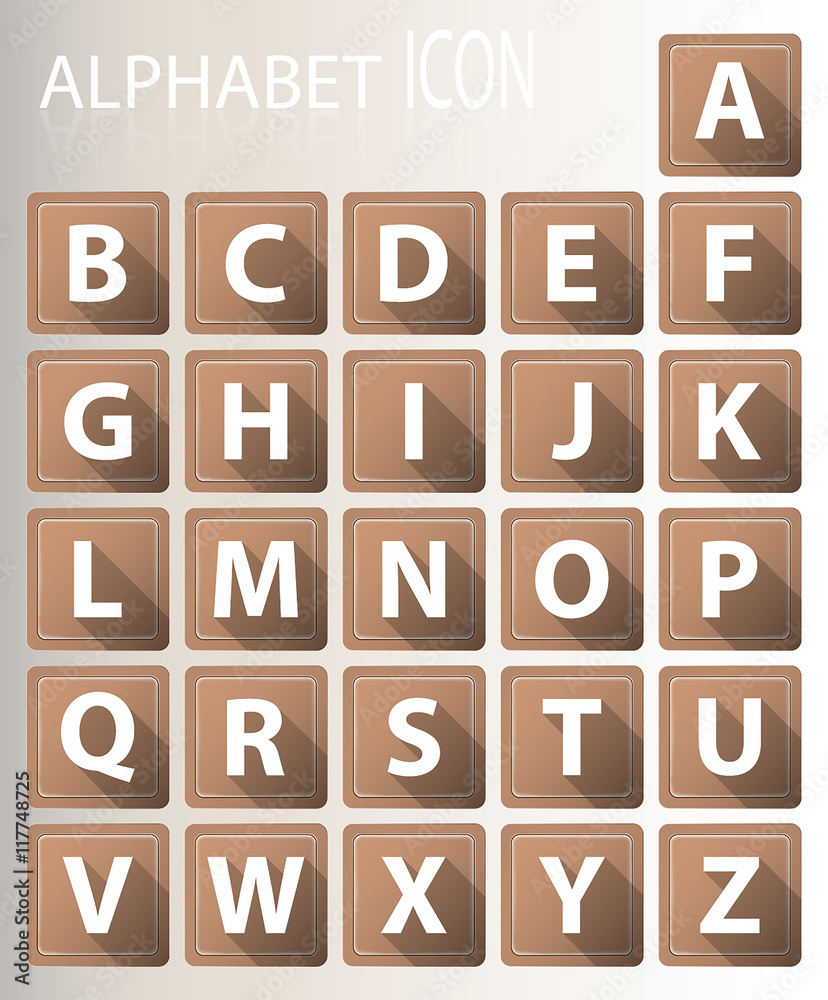 White on brown alphabet icon with long shadow, vector illustration