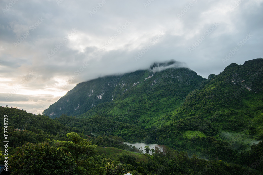 The big mountain with rain fog The big mountain with rain fog