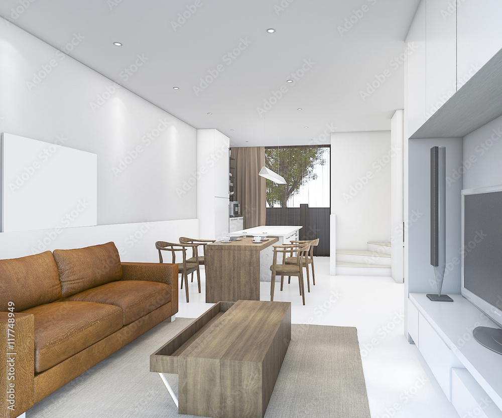 Fototapeta premium 3d rendering nice leather sofa in living room with dining counter