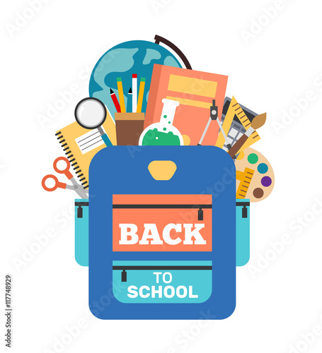 back to school supplies backpack in flat style isolated on white background