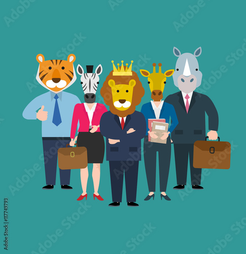 business team men and women with animals heads tiger zebra lion giraffe rhino