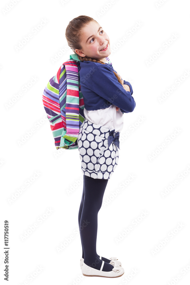 lovely little student girl standing with backpack on white backg lovely little student girl standing with backpack on white backg