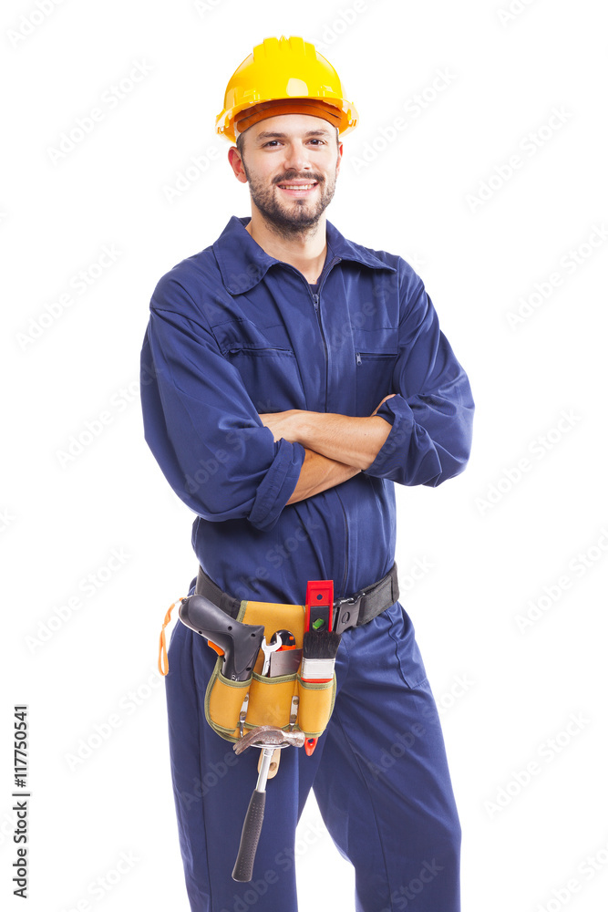 Smiling worker with arms crossed on white background Smiling worker with arms crossed on white background