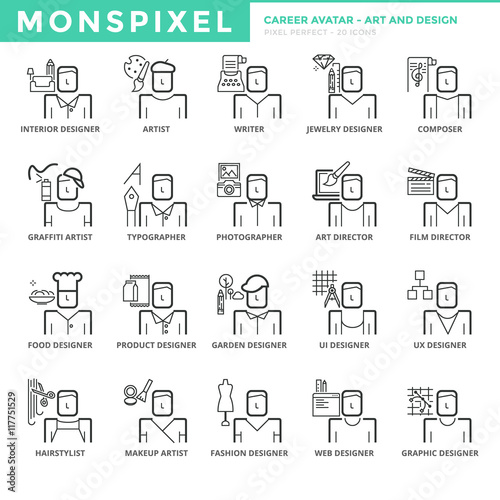 Flat thin line Icons set of Career Avatar about Art and Design for Web Development. Pixel Perfect Icons. Simple mono linear pictogram pack stroke vector logo concept for web graphics.