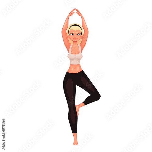 beautiful woman in poses of yoga, cartoon style vector illustration isolated on white background. Beautiful blond young woman, yoga poses asanas, healthy lifestyle