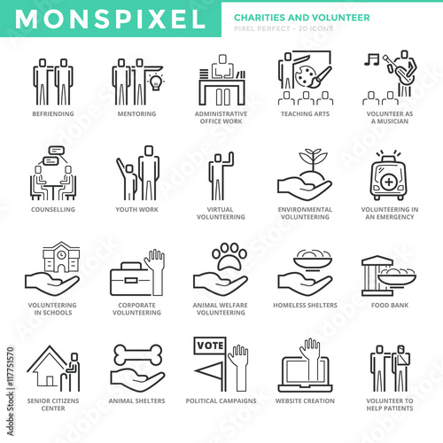 Flat thin line Icons set of Charities and Volunteer. Pixel Perfect Icons. Simple mono linear pictogram pack stroke vector logo concept for web graphics.