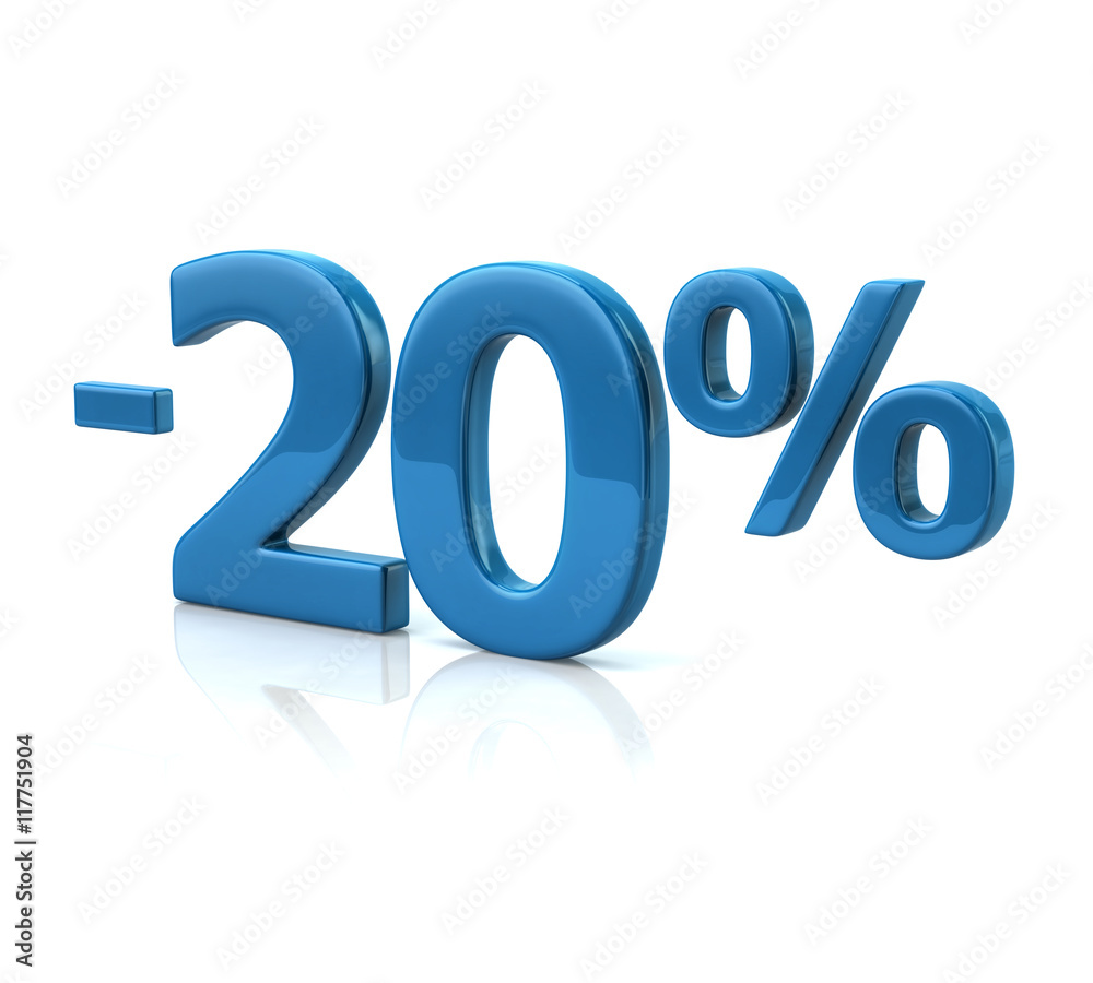 3d illustration of twenty percent discount in blue letters on white background 3d illustration of twenty percent discount in blue letters on white background