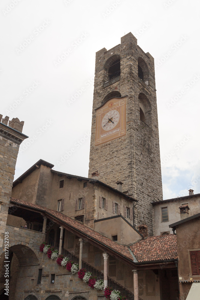 Old city tower Torre Civica in Bergamo, Citta Alta, Italy