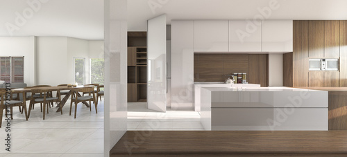Fototapeta Naklejka Na Ścianę i Meble -  3d rendering nice kitchen and dining room in warm atmosphere