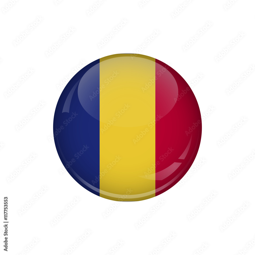 Flag of Romania. A round button with a glare. Round Flag emblem.