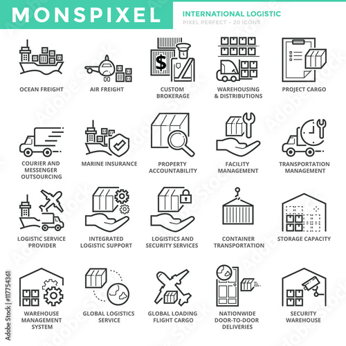 Flat thin line Icons set of International Logistic . Pixel Perfect Icons. Simple mono linear pictogram pack stroke vector logo concept for web graphics.