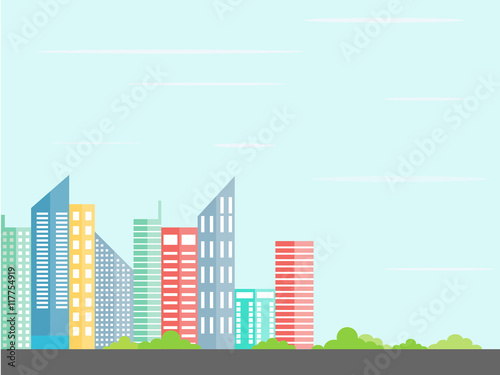 Urban landscape.City architecture in a minimalist style flat.Buildings with the tree.