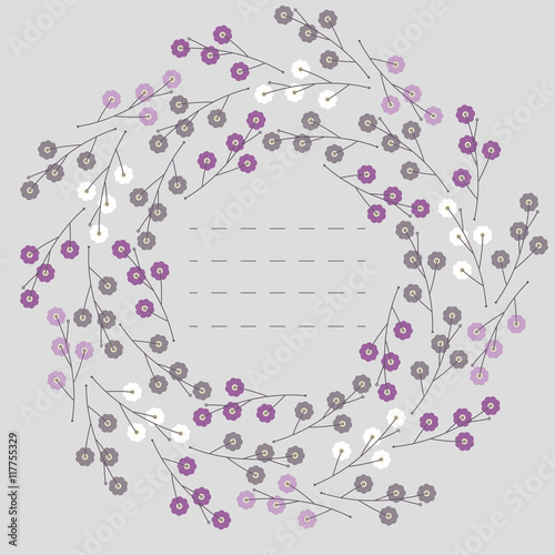 Cute round frame with beautiful small flowers isolated on branch