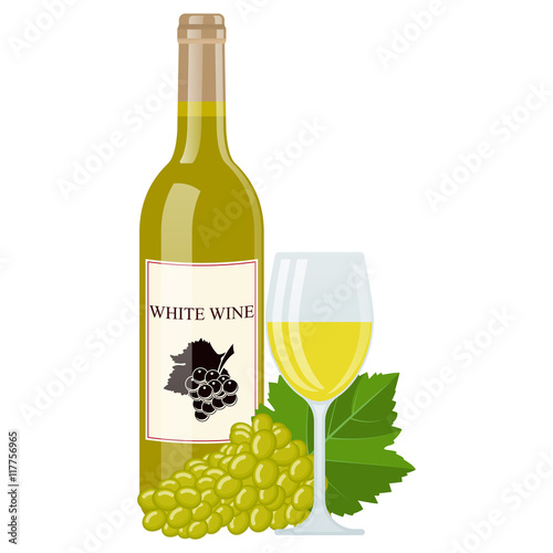 Wine bottle with glass and grape leaves.