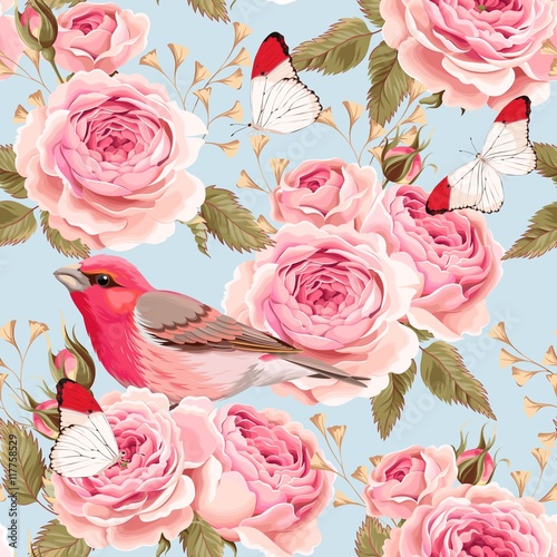 English roses and birds seamless