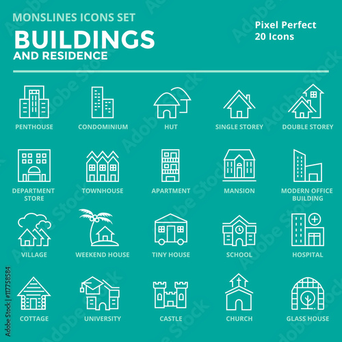 Icons set of Buildings and Residence. Pixel Perfect Icons. Simple mono linear pictogram pack stroke vector logo concept for web graphics.