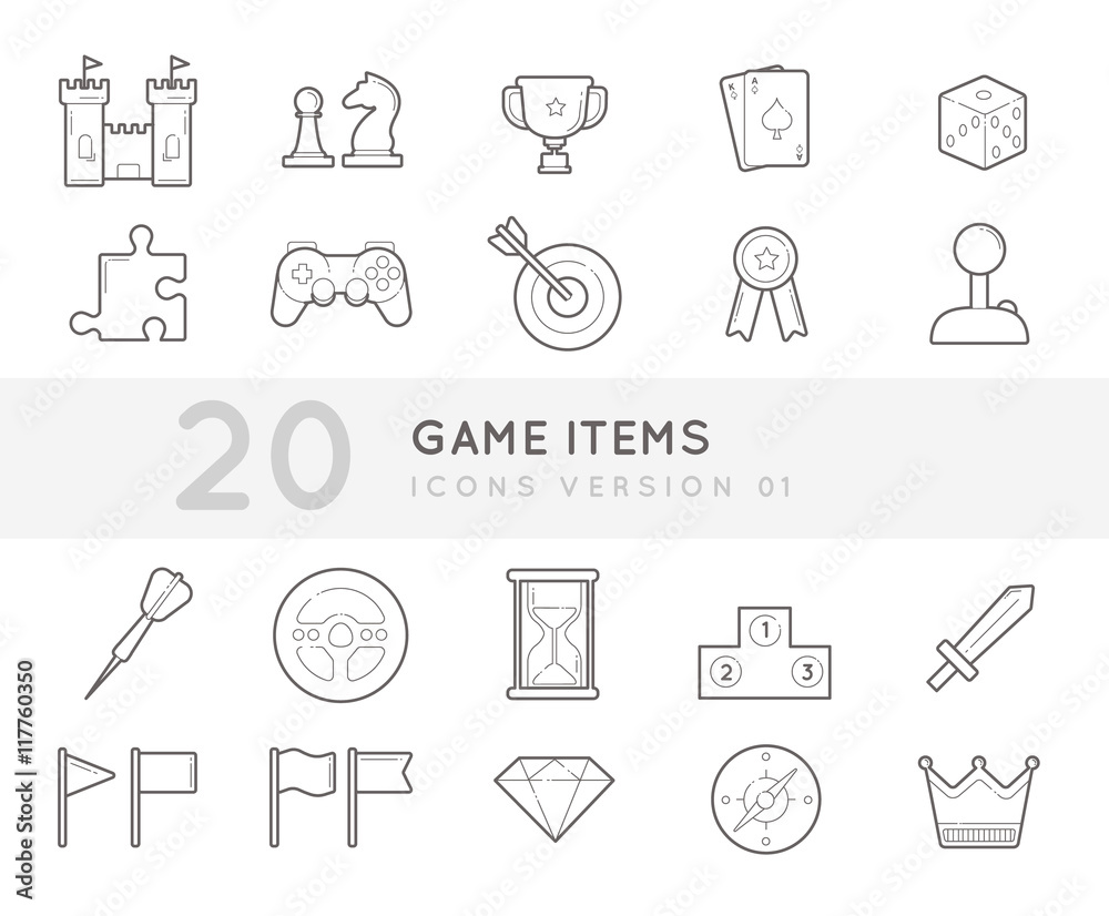 Flat thin line Icons set of Game Items. Simple mono linear pictogram pack stroke vector logo concept for web graphics. Flat thin line Icons set of Game Items. Simple mono linear pictogram pack stroke vector logo concept for web graphics.