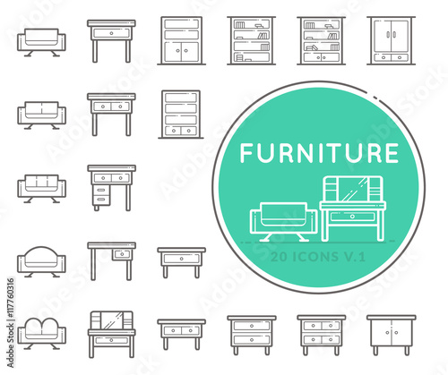 Flat thin line Icons set of furniture. Simple mono linear pictogram pack stroke vector logo concept for web graphics.