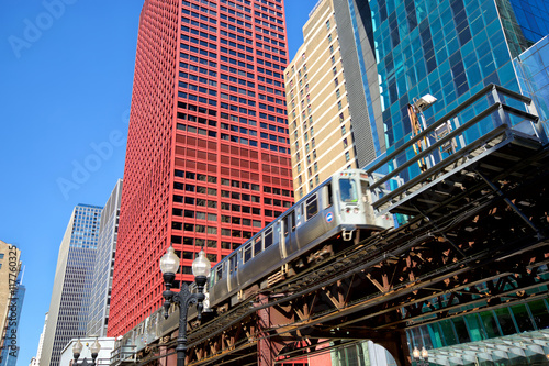 Chicago downtown urban skyscrapers and elevated train