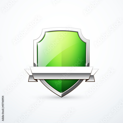 Vector green shield with ribbon. Metal shield