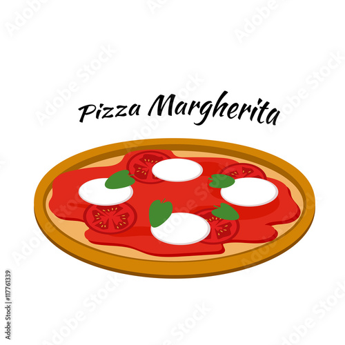 Pizza margherita with mozzarella, tomato sauce and oregano. Vector illustration in flat style