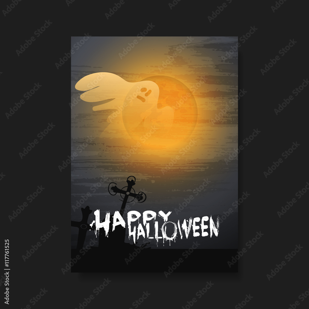 Happy Halloween Card, Flyer or Cover Template - Flying Ghost Over the Cemetery in the Fog - Vector Illustration