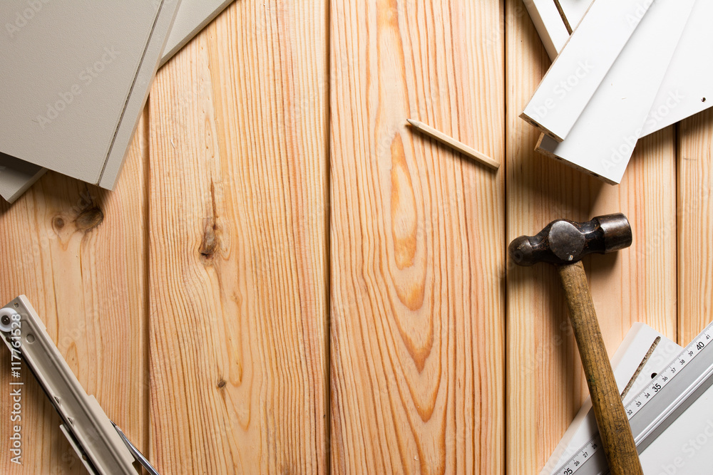 Assorted Woodwork and Carpentry or Construction Tools, pine wood Assorted Woodwork and Carpentry or Construction Tools, pine wood
