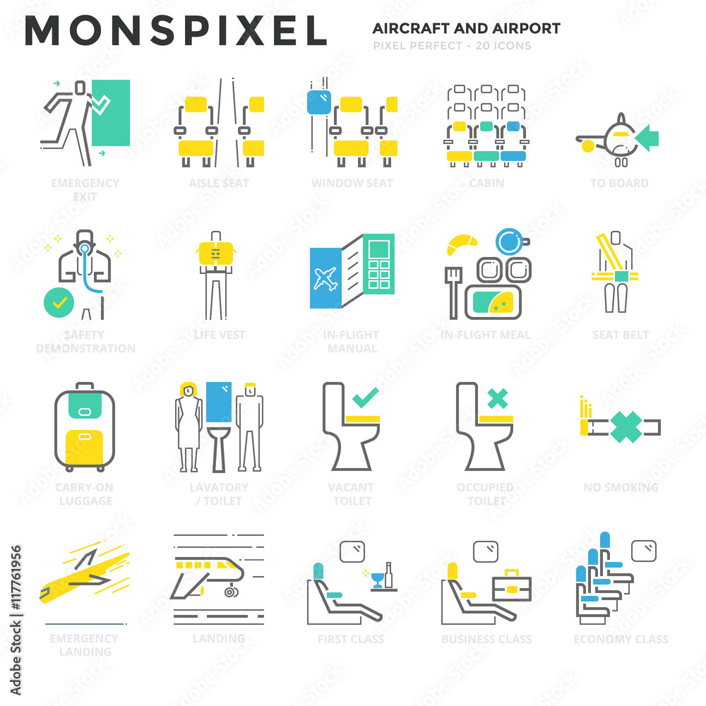 Flat thin line Icons set of Airplane Area and Airport Services. Pixel ...