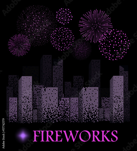 Purple firework show on night city landscape background. Vector illustration