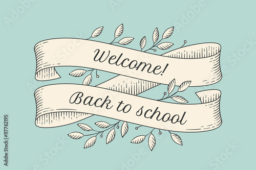 Greeting card with inscription Back to School. Old vintage ribbon banners with leaves and drawing in engraving style. Hand drawn design element. Vector Illustration