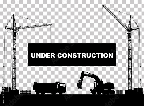 "Under construction" concept at building site with detailed silhouettes of construction machines isolated. Vector illustration