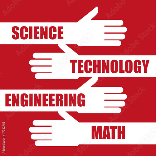 Science, Technology, Engineering and Math the so called STEM education subjects or qualifications added as text on extended arms and hands