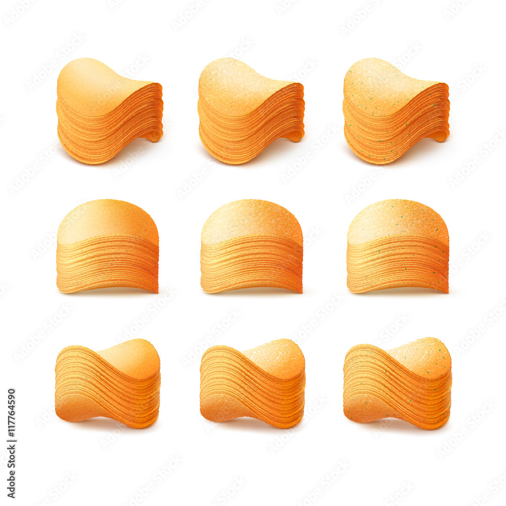 Vector  Set of  Potato Crispy Chips Stacks Close up Isolated on White Background