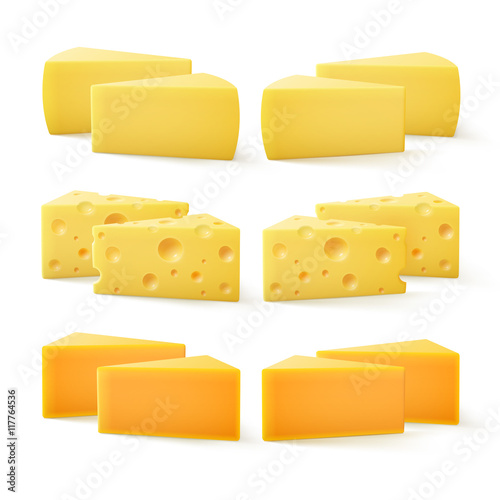 Vector Set of Triangular Pieces of  Cheddar Swiss Cheese Close up Isolated on White Background