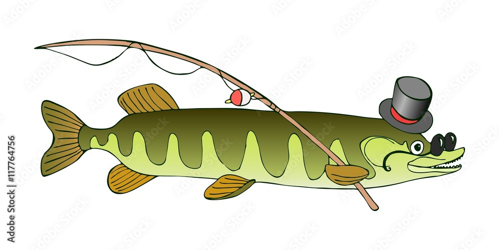 Erudite pike in hat and glasses is going to fish. Vector cute cartoon  illustration. Stock Vector | Adobe Stock